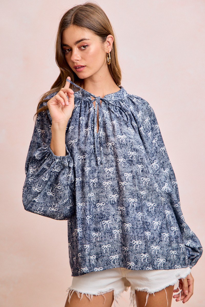BiBi Ribbon Bow Print Exaggerated Balloon Sleeves Top