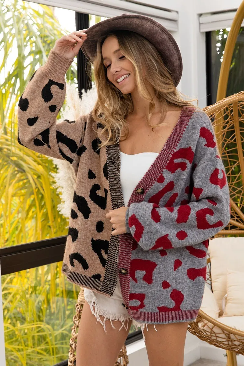BiBi Leopard Color Block Button Down Sweater Cardigan - Premium
