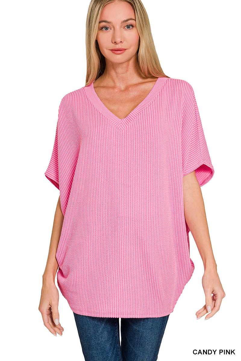 Raised Rib V-Neck Batwing Top
