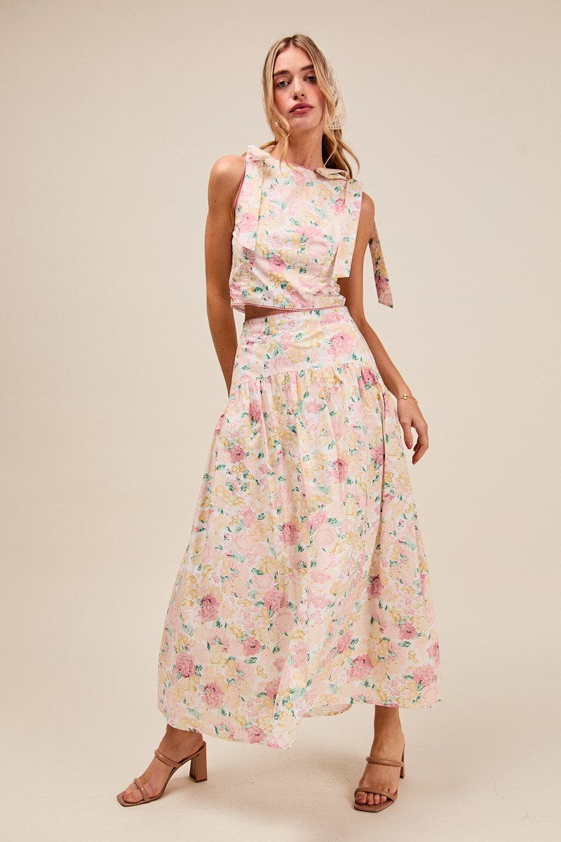 So Me Floral Printed Woven Shoulder Bow Tie Top And Skirt Set