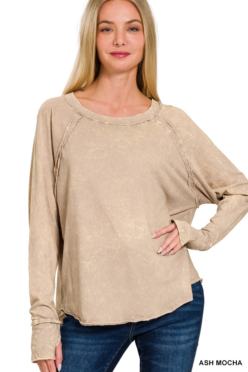 Zenana Crinkle Washed Thumb Hole Cuffs Long Sleeve Top