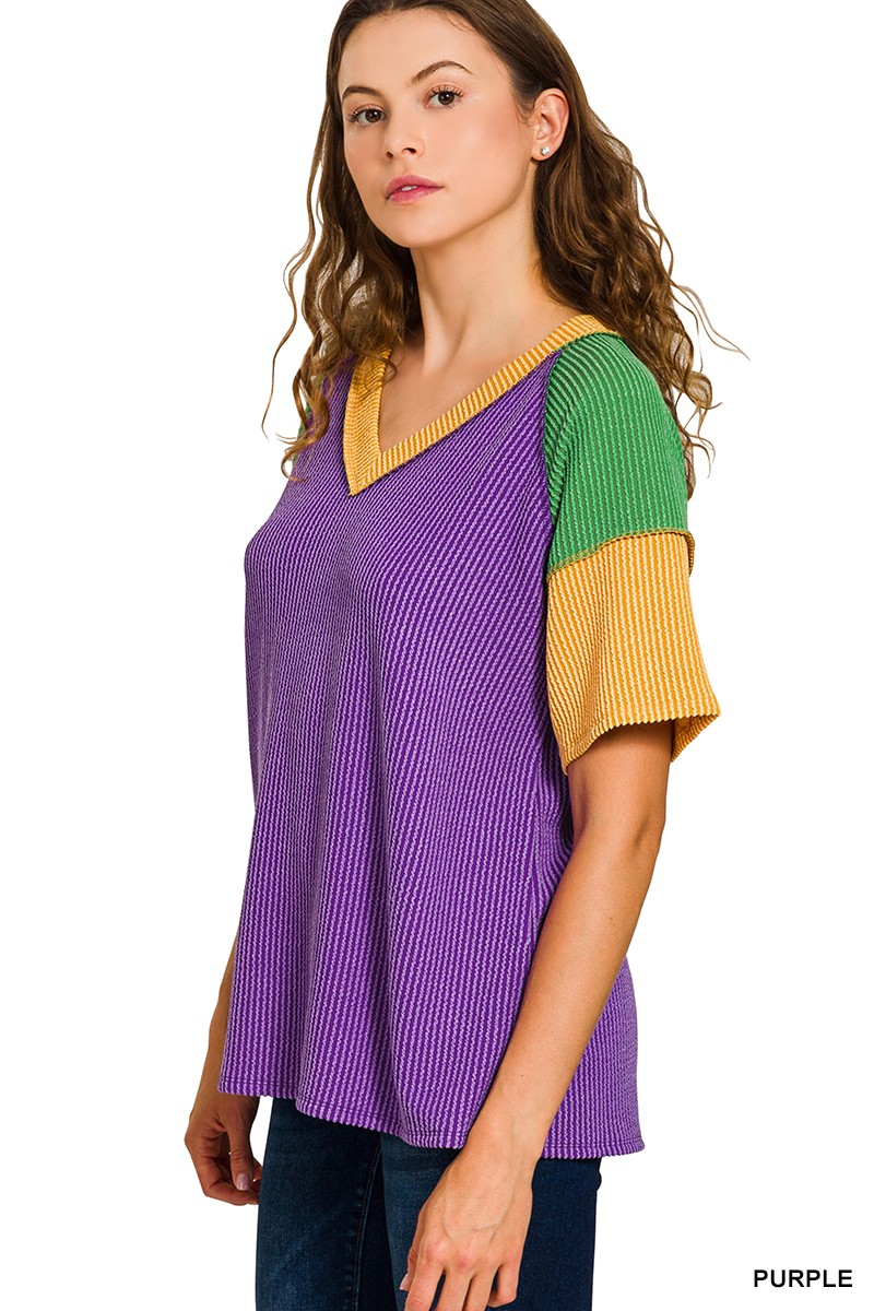 Mardi Gras Raised Rib Color Block Top