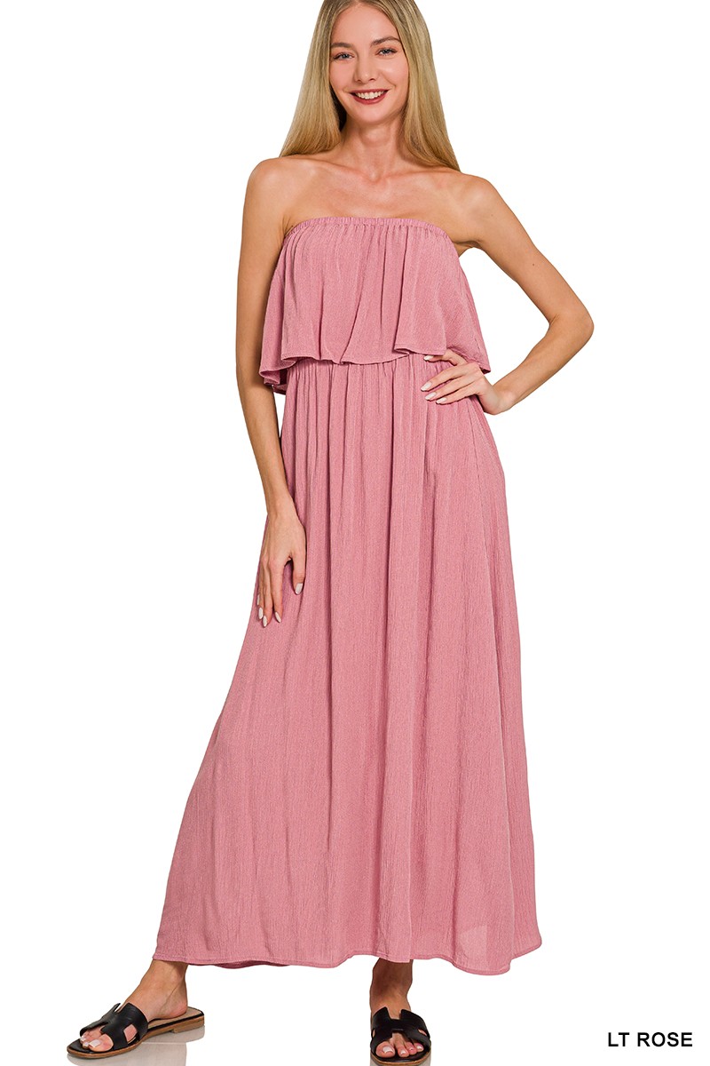 Zenana Woven Crinkle Strapless Maxi Dress