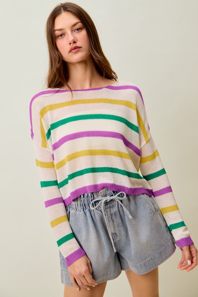 SO ME Mardi Gras Color Stripe Lightweight Sweater Top