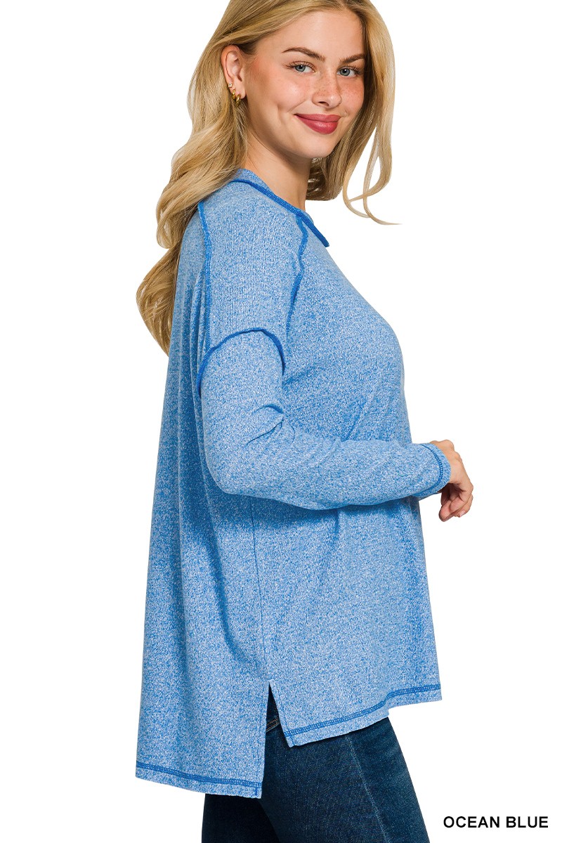 Full Size Melange Hacci Exposed Seam Hi-low Tee Plus Size