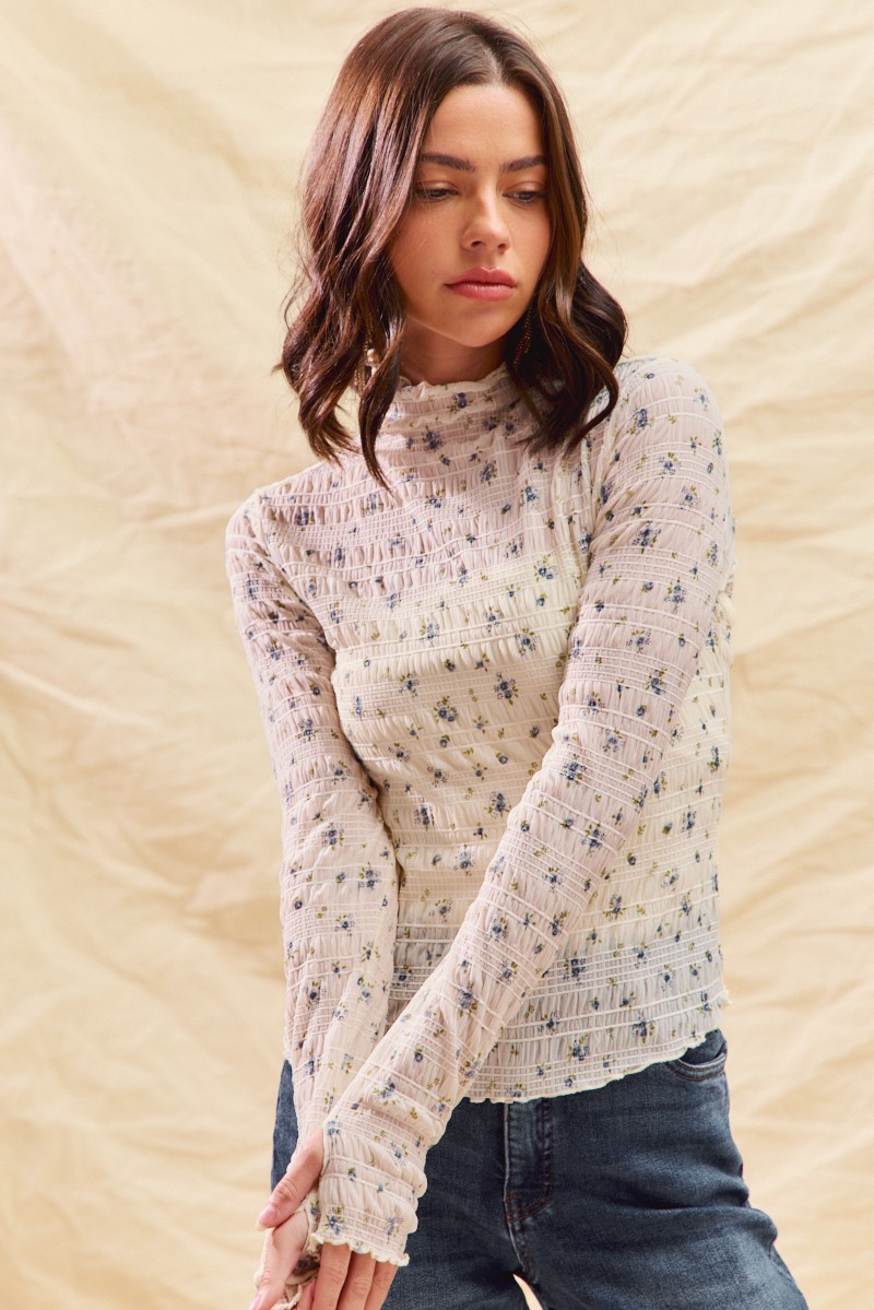 Floral Print Textured Long Sleeve Knit Top