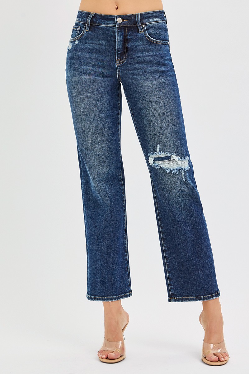 High Rise Crop Slim Straight Jenas with Hidden Knee Patch