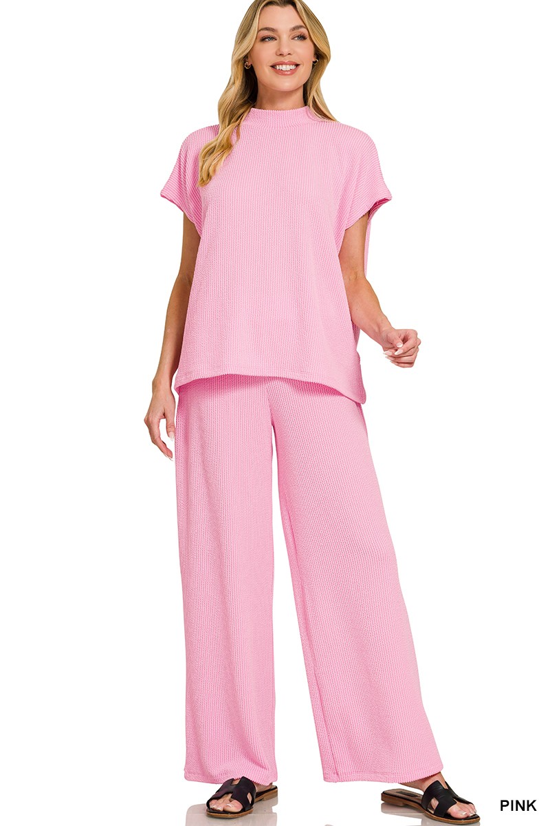 Zenana Raised Rib Short Sleeve Tee & Pants Set