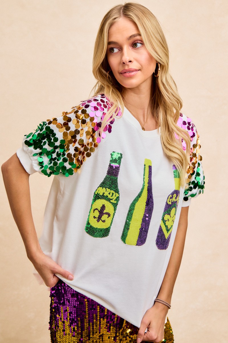 Sequin Mardi Gras Bottles Spangled Sleeve Top