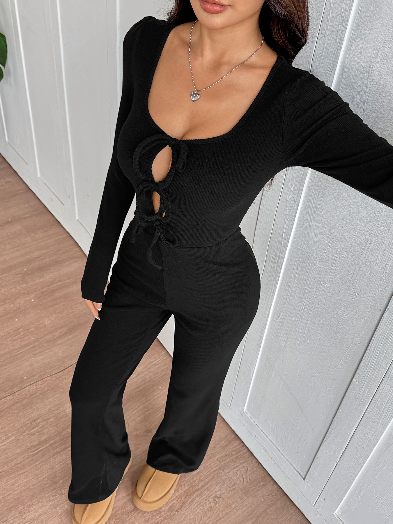 Tie Front Long Sleeve Flare Jumpsuit