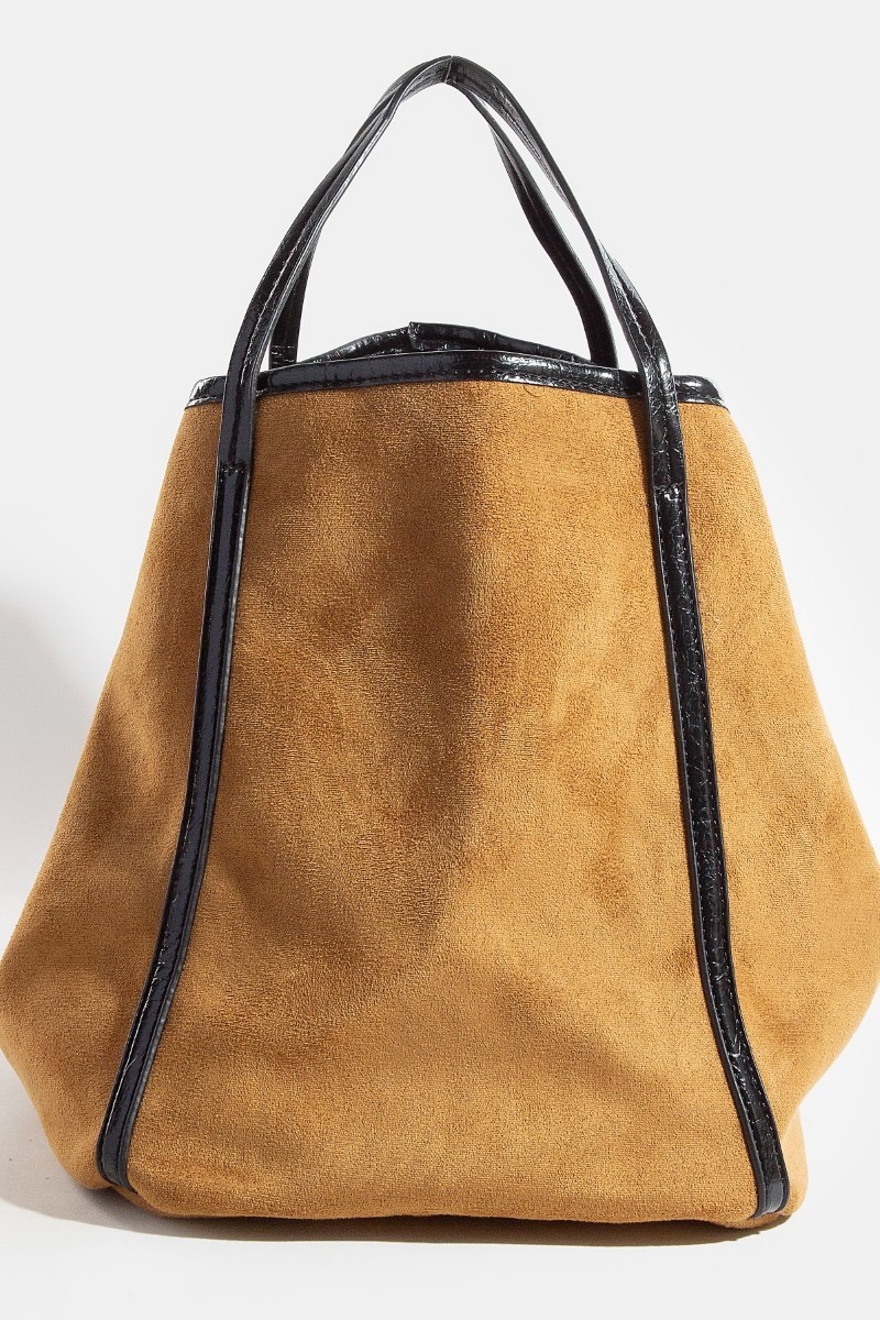 Fame Suede Tote Faux Leather Trim Shoulder Strap