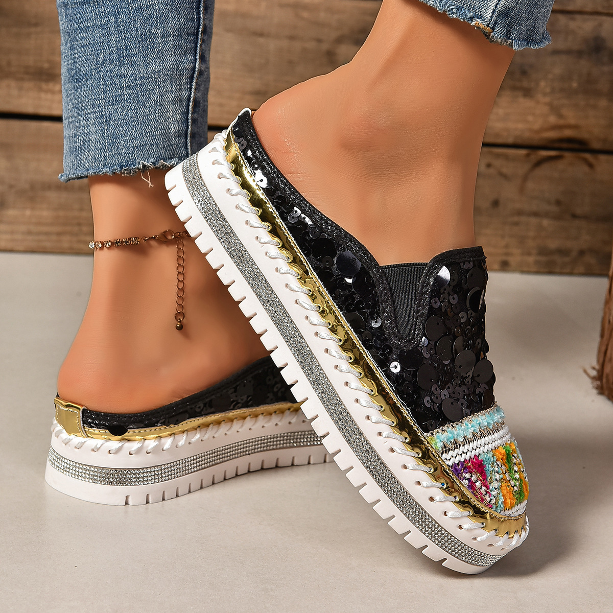 Sequin Round Toe Platform Loafers