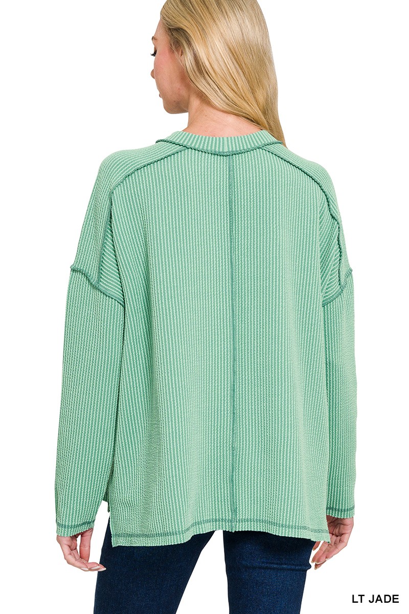 Exposed Seam Long Sleeve Corded Rib Knit Top