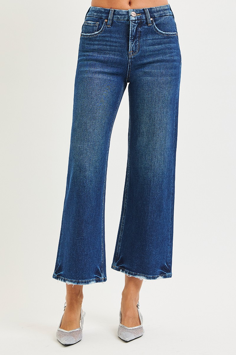 Risen Tummy Control 4 Way Stretch High Rise Crop Wide Leg Jeans